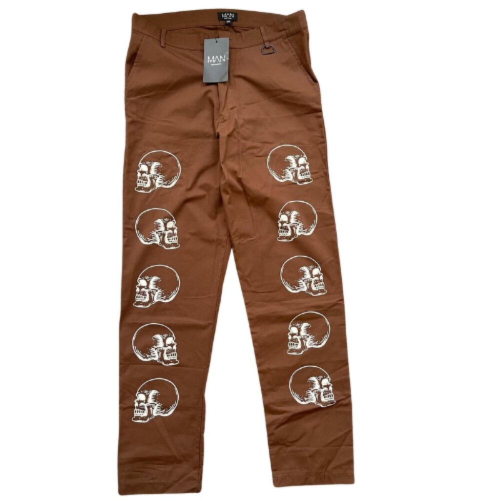 Chino Skull Print Pants Relaxed Fixed Waist, Size 30, Chocolate